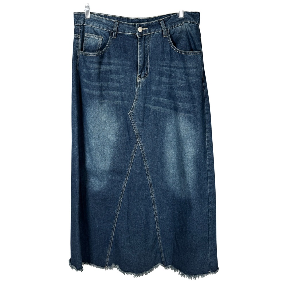 SHEIN CURVE Blue Denim Maxi Skirt Frayed Hem A-Line Country Plus Sz 0XL - Picture 1 of 11